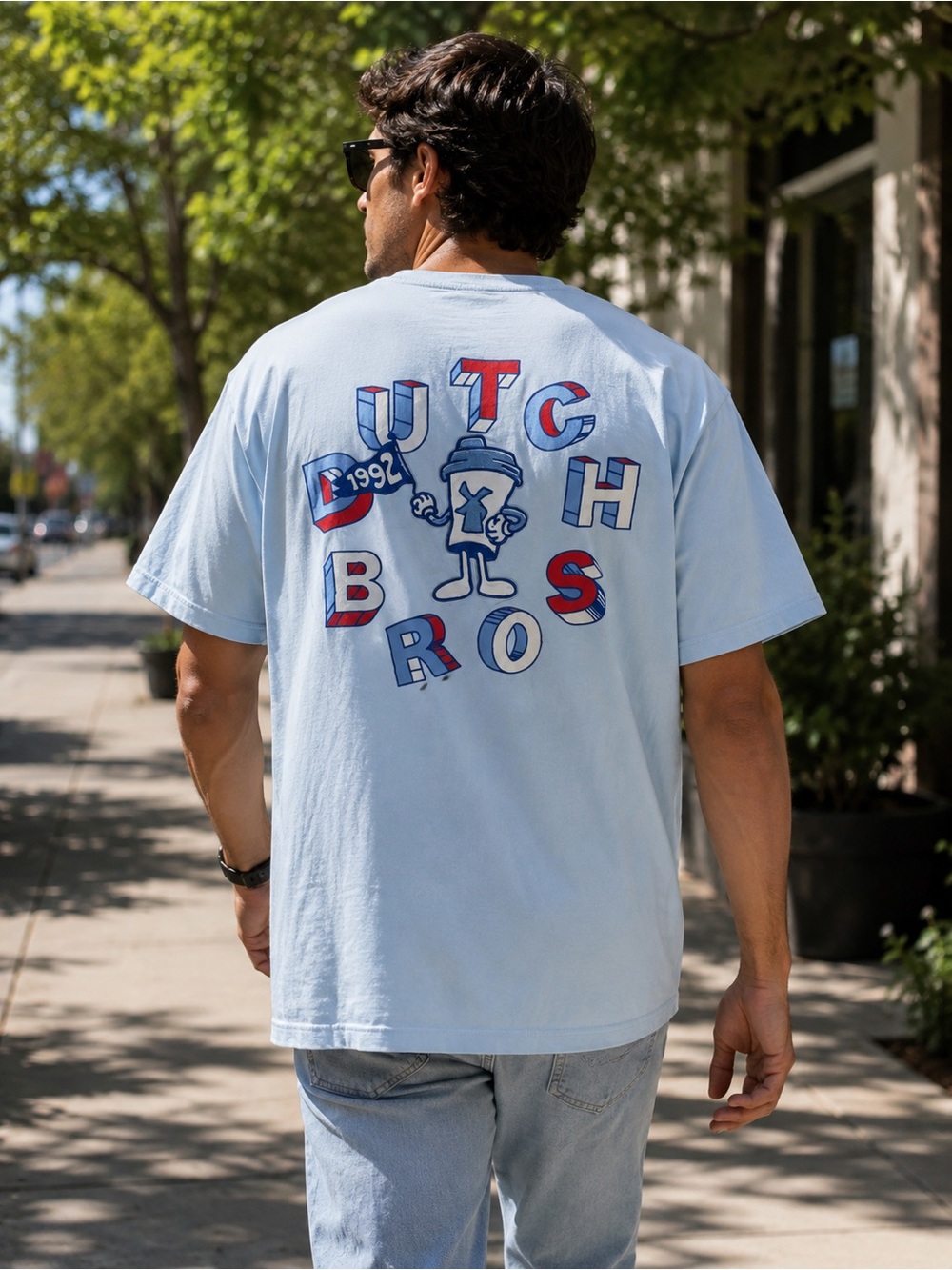 Dutch Bros Light Blue Short-Sleeve Graphic Tee with Red & Navy Print